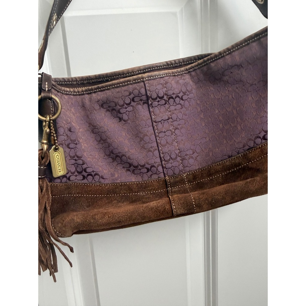 Coach Ergo Purple Signature Jacquard Suede Hobo Bag F10418 Brown  Y2K Vintage